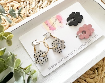 Interchangeable Black & Pink Flower Charm Hoop Earring Set