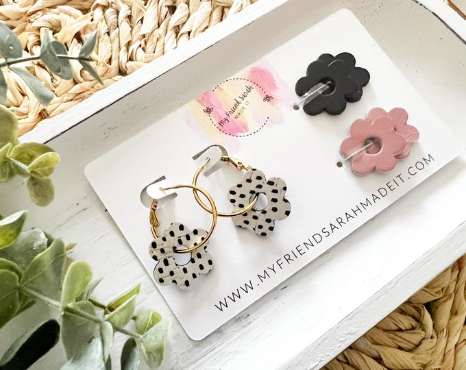 Interchangeable Black & Pink Flower Charm Hoop Earring Set