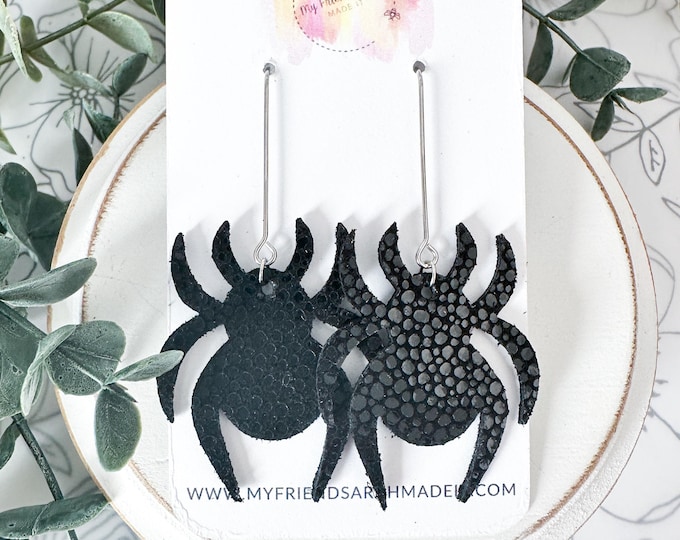 Black Leather Spider Earrings