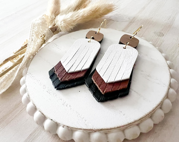 White, Black, and Brown Layered Leather Fringe Earrings