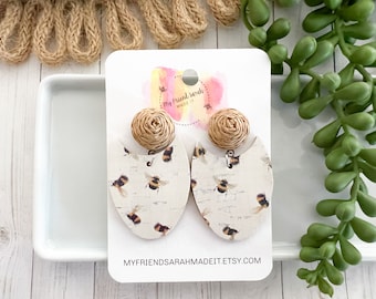 Sweet Bee Print Oblong Oval Earrings