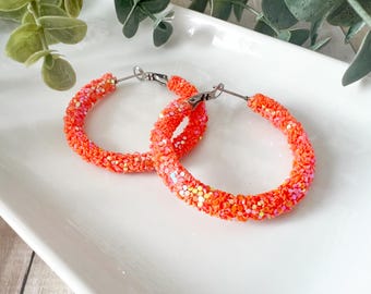 Orange Glitter Hoop Earrings