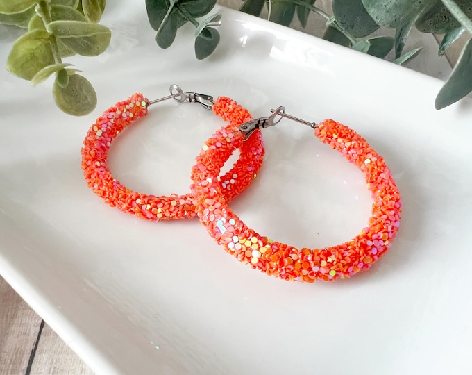 Orange Glitter Hoop Earrings