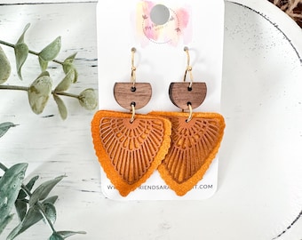 Mustard Suede Scalloped Arrow Earrings