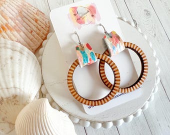 Fiesta Confetti Wrapped Hoops | Bright Leather + Neutral Wood Earrings | Summer Outfit Accessory | Lightweight Gift Idea | Vacation Earrings
