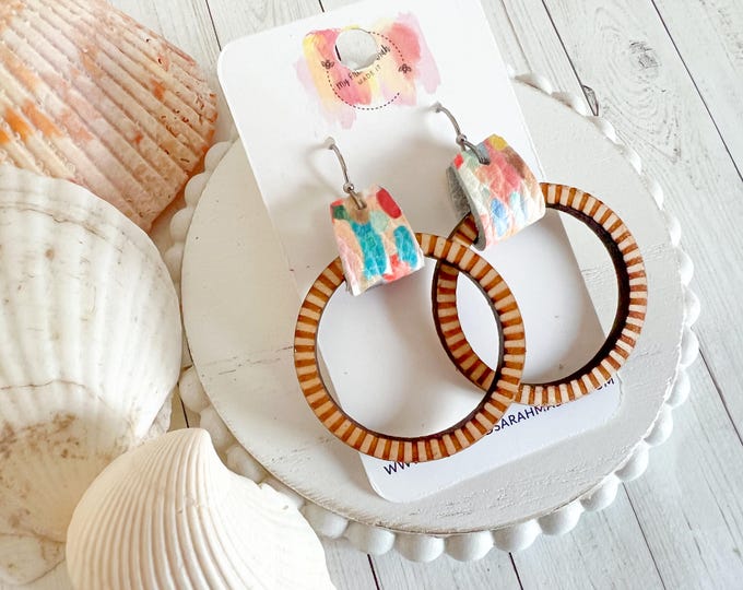 Fiesta Confetti Wrapped Hoops | Bright Leather + Neutral Wood Earrings | Summer Outfit Accessory | Lightweight Gift Idea | Vacation Earrings