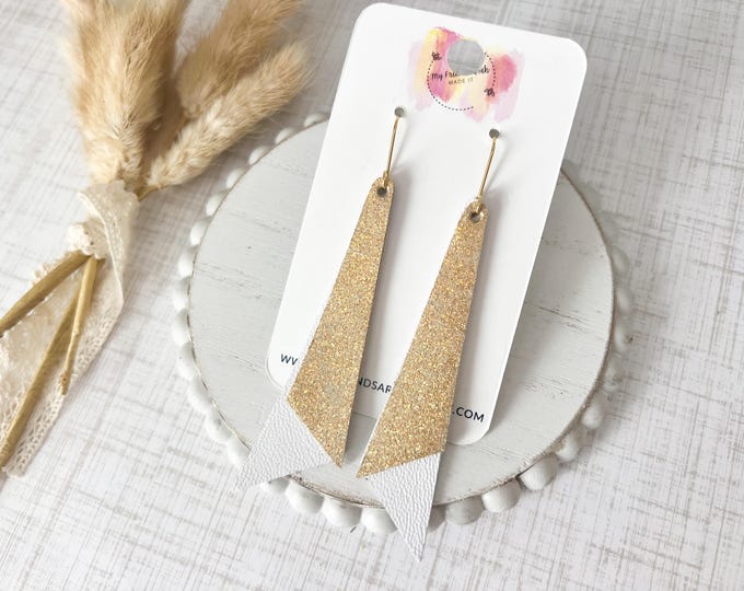 Gold and White Leather Earrings