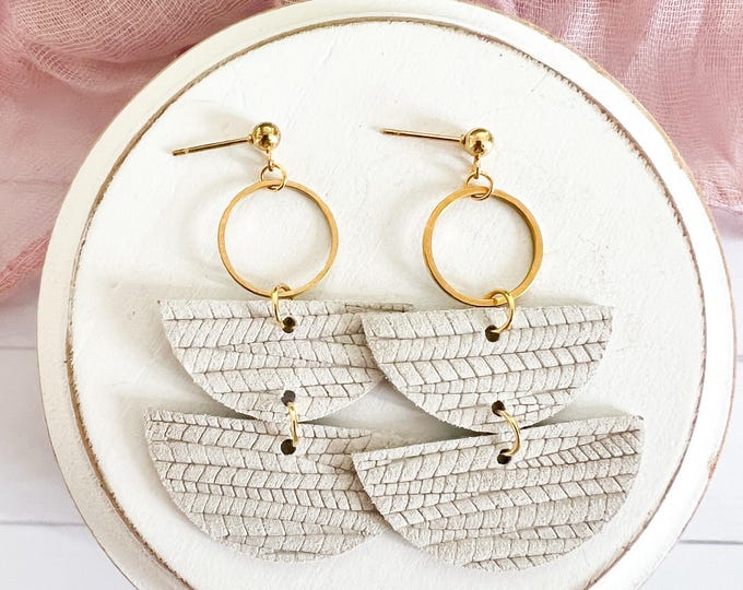 Embossed Leather Stacked Half Moon Dangle Earrings