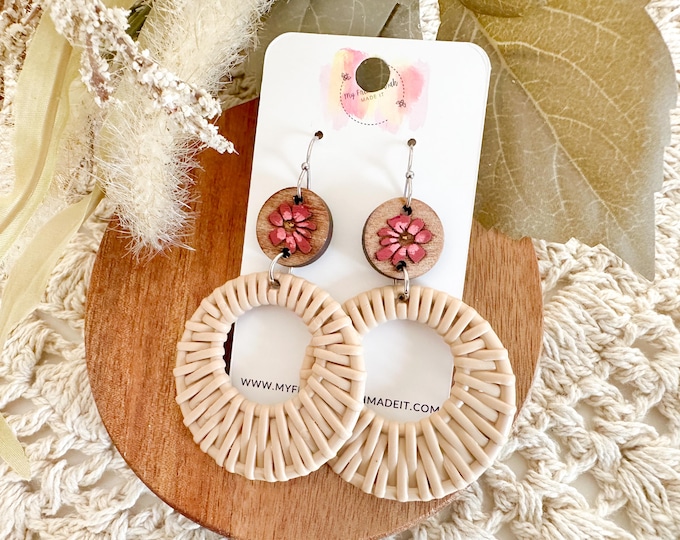 Rattan Hoop Earrings with Floral Wood Accent