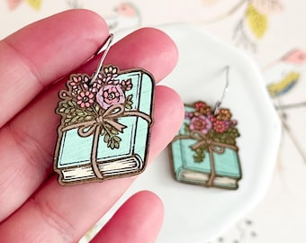 Aqua Floral Book Earrings