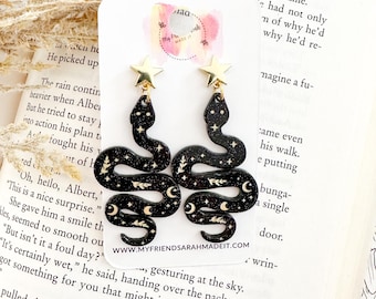 Black Snake Earrings with Gold Stars and Moons
