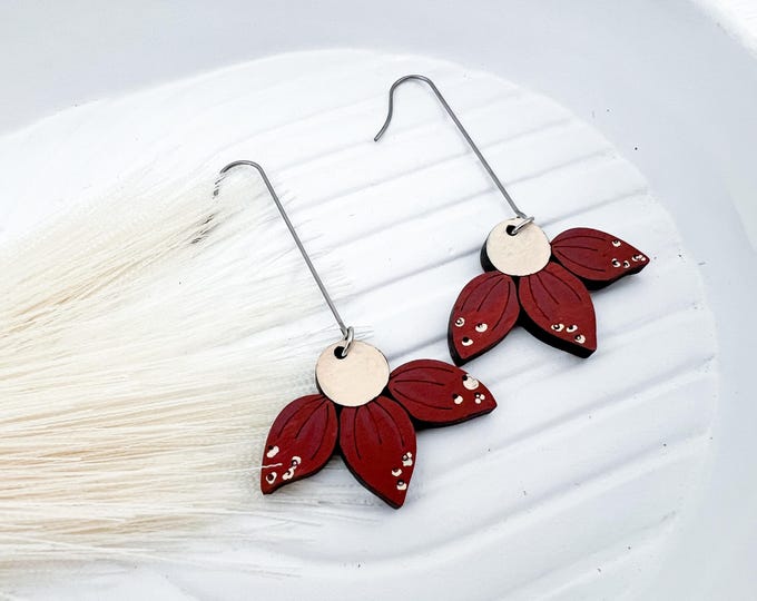 Rust Wooden Floral Drop Earrings