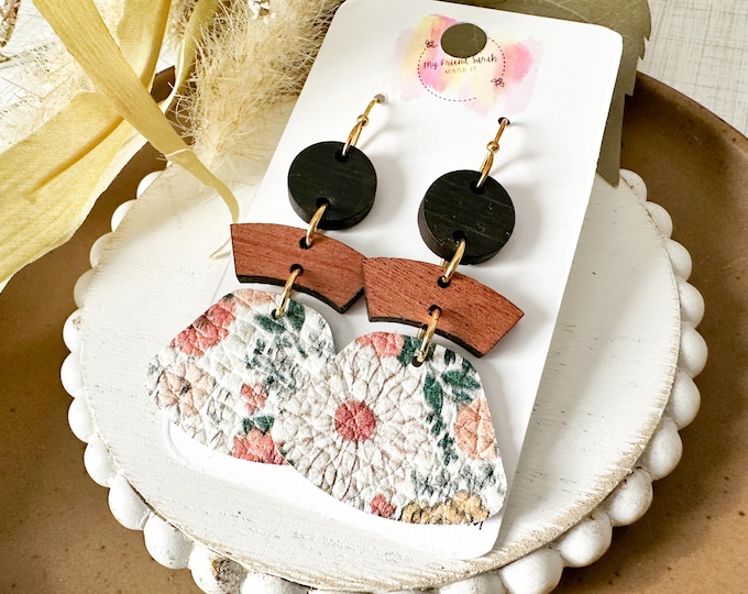 Neutral Fall Floral Leather Earrings with Wood Accents
