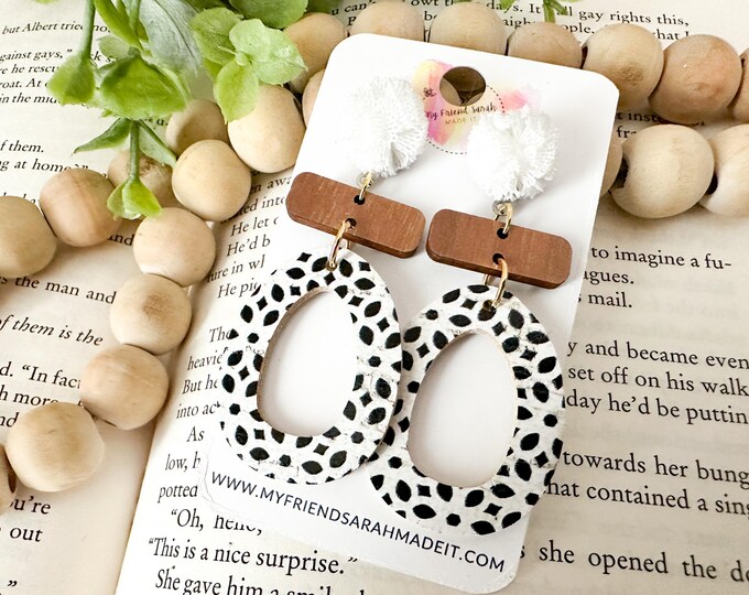 Black and White Cork & Wood Open Oval Earrings
