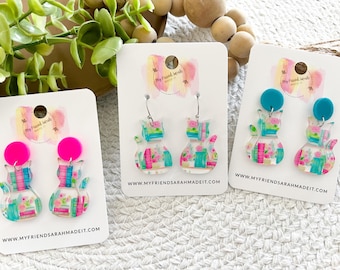 Pink & Teal Cat Silhouette Bookshelf Acrylic Earrings