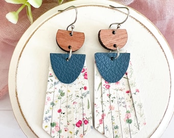 Floral Fringe Leather Earrings