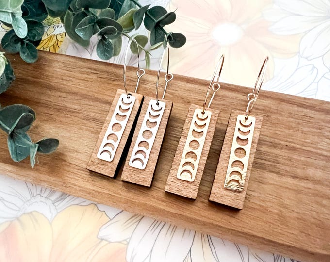 Moon Phases Wood Bar Earrings