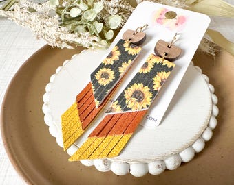 Sunflower Leather Fringe Earrings