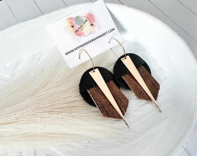 Black & Brown Fringed Leather Geometric Hoops