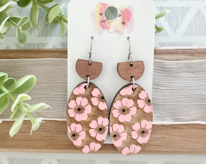 Pink Floral Wood Earrings
