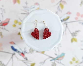 Red Glitter Heart Hoops