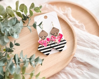 Pink Floral & Black Striped Chevron Earrings