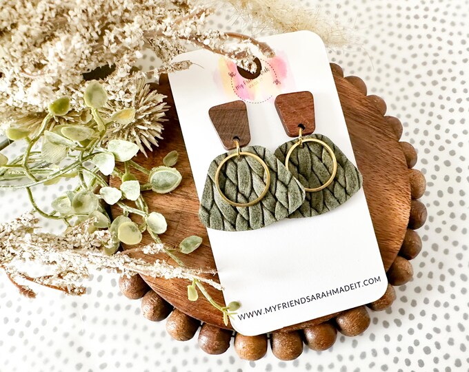 Green Knit Leather Wedge Earrings