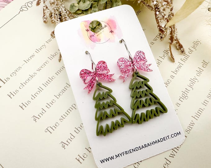 Acrylic Christmas Tree Earrings with Pink Bow