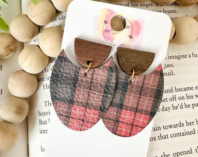 Rustic Plaid Leather & Wood Notched Oval Earrings