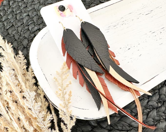 Black & Brown Leather Feather Earrings