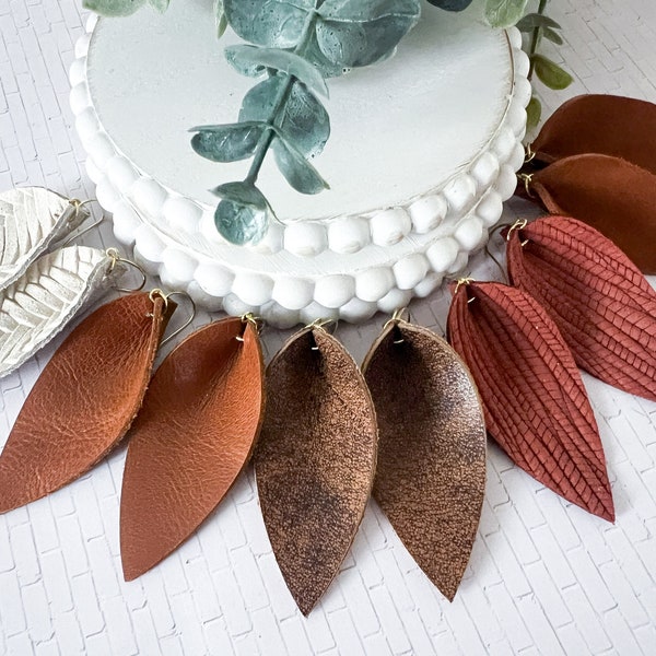 Neutral Browns Pinched Petal Earrings | Genuine Leather Earring | Classic Neutral Leather Earrings | Pinched Leaf Earring | Tear Drop |#2015