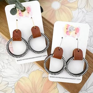 Black & White Hoop Earrings | Hand-Painted Wood with Leather Wrap | Lightweight Statement Earrings in 3 Sizes | Neutral Themed Gift for Her