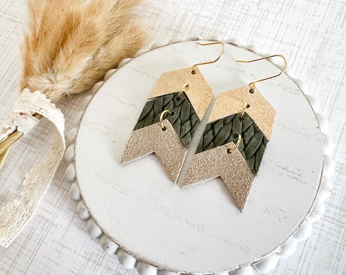 Gold & Green Chevron Leather Earrings