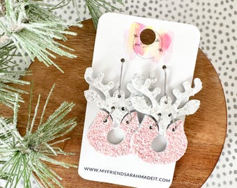 Pink + White Glitter Reindeer Earrings