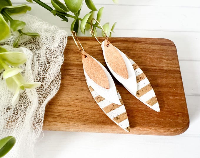 White and Gold Leather Earrings