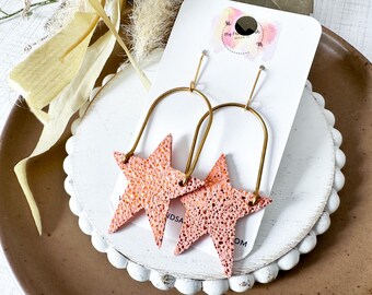 Melon Orange Star Earrings in Sparkly Suede | Fun Boho Dangles | #3055