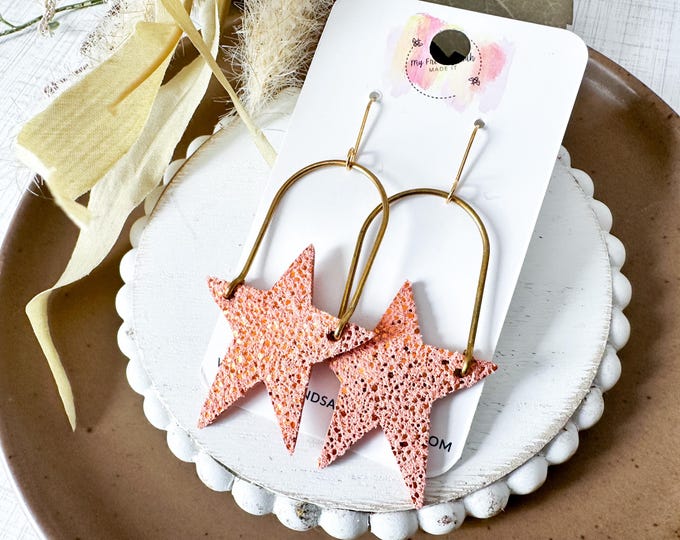Melon Orange Star Earrings in Sparkly Suede | Fun Boho Dangles | #3055
