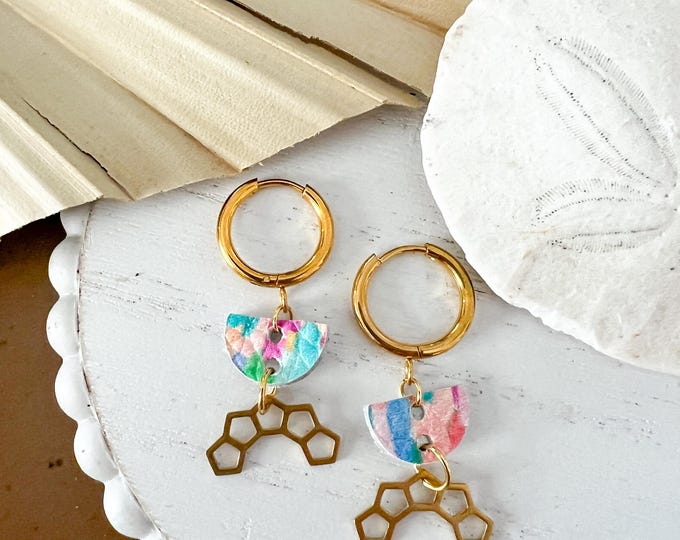 Fiesta Confetti Honeycomb Hoops | Colorful Leather and Brass Earrings | Funky Summer Jewelry | Gift for Her | Bold Lightweight Dangles