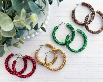 Jewel Toned Glitter Hoop Earrings