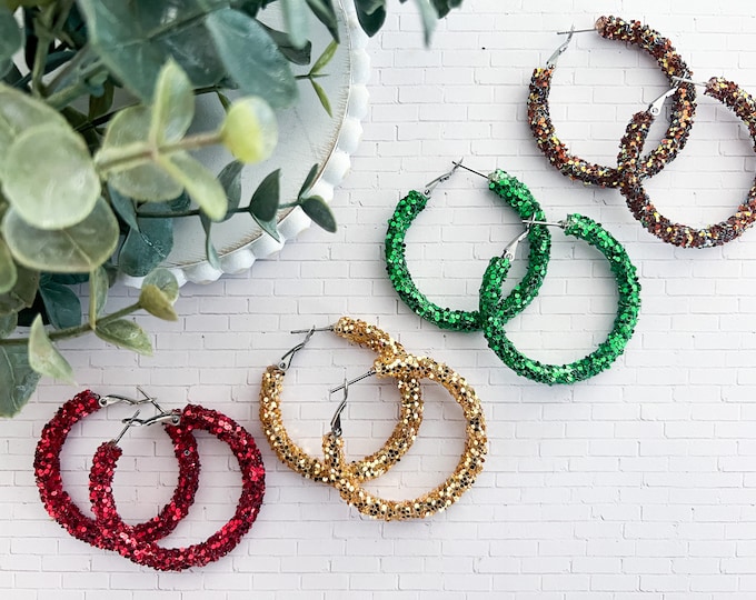 Jewel Toned Glitter Hoop Earrings