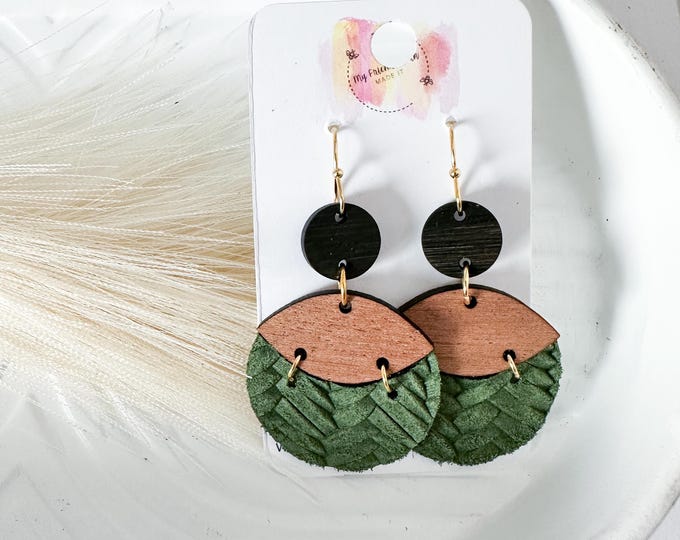 Braided Green Leather & Wood Geometric Earrings