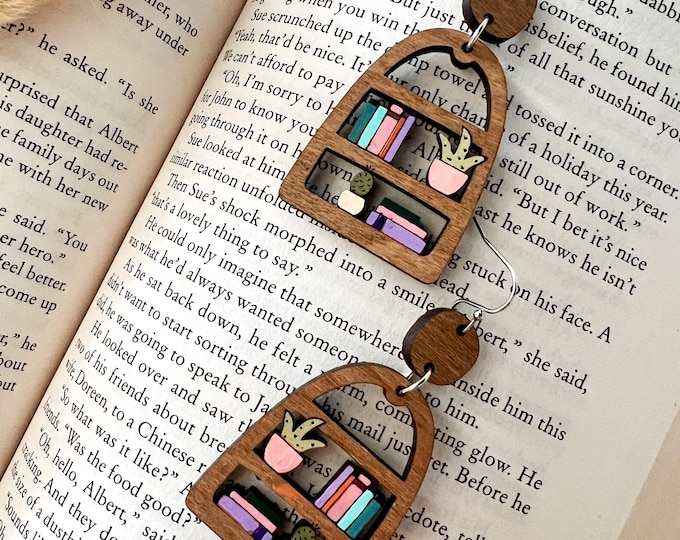 Wooden Book Nook Bookshelf Earrings