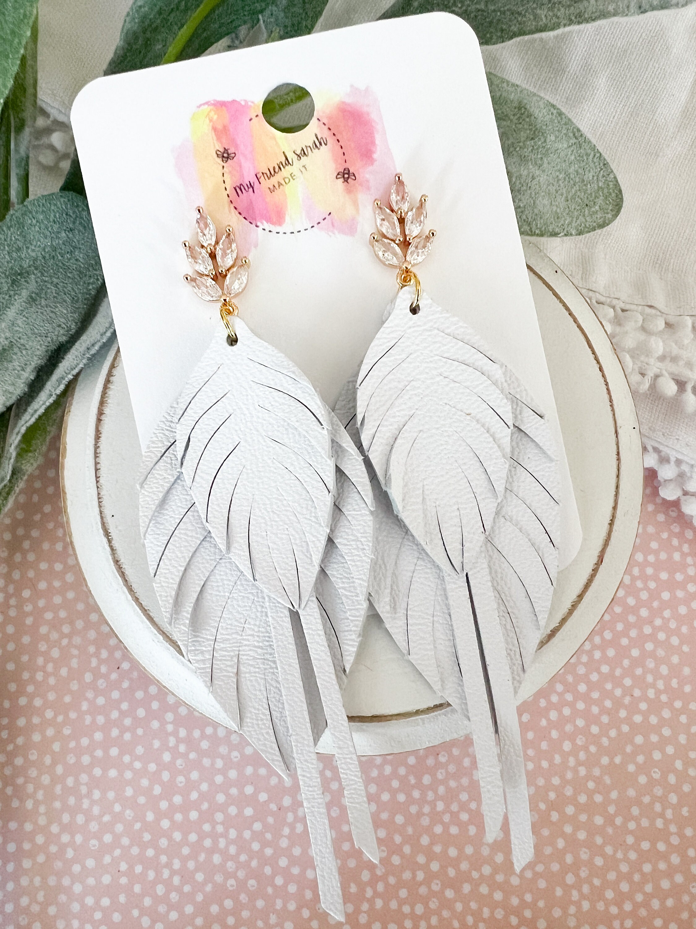 White Leather Feather Earrings Pave CZ Studs Formal or Fun Leather Earrings 2169