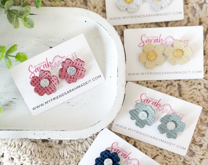 Embossed Leather Flower Statement Stud Earrings