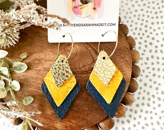 Mustard, Navy, & Gold Layered Diamond Leather Earrings