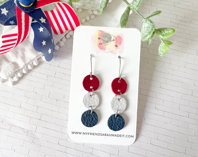 Red White Blue Leather Circle Stack Earrings