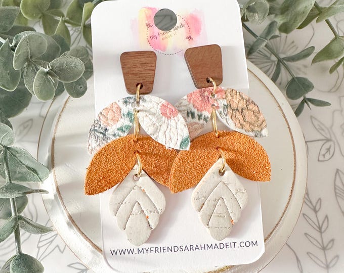 Fall Floral Geometric Leather Leaf Earrings