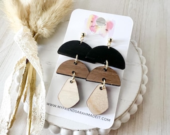 Stacked Neutral Wooden Trio Earrings