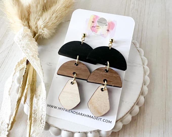 Stacked Neutral Wooden Trio Earrings