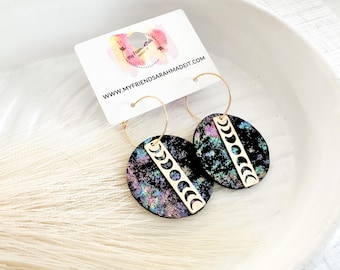 Rainbow Leather Hoop Earrings with Gold Moon Phases